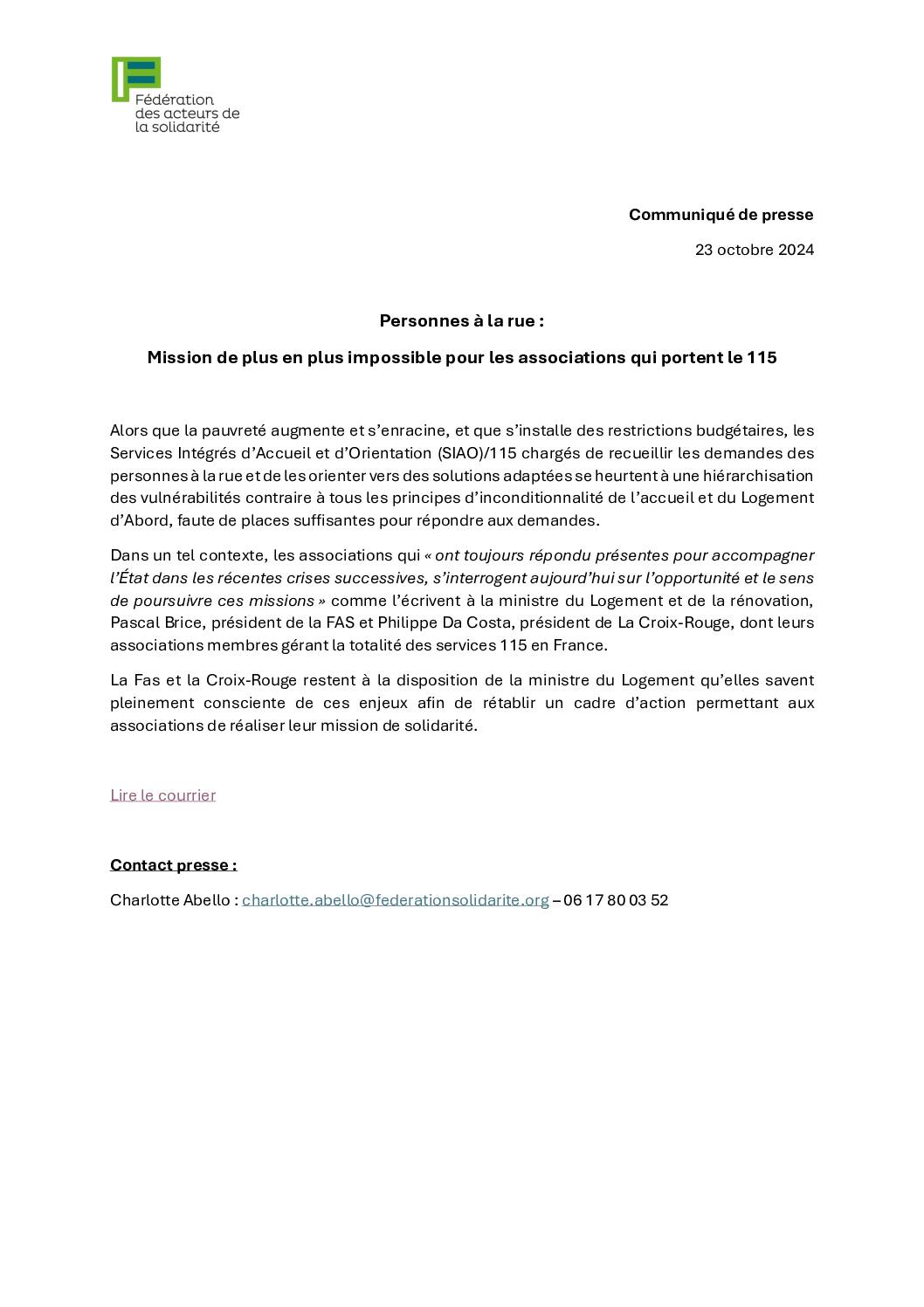 Lettre à la Ministre du Logement et de la Rénovation urbaine sur la situation extrêmement dégradée des SIAO