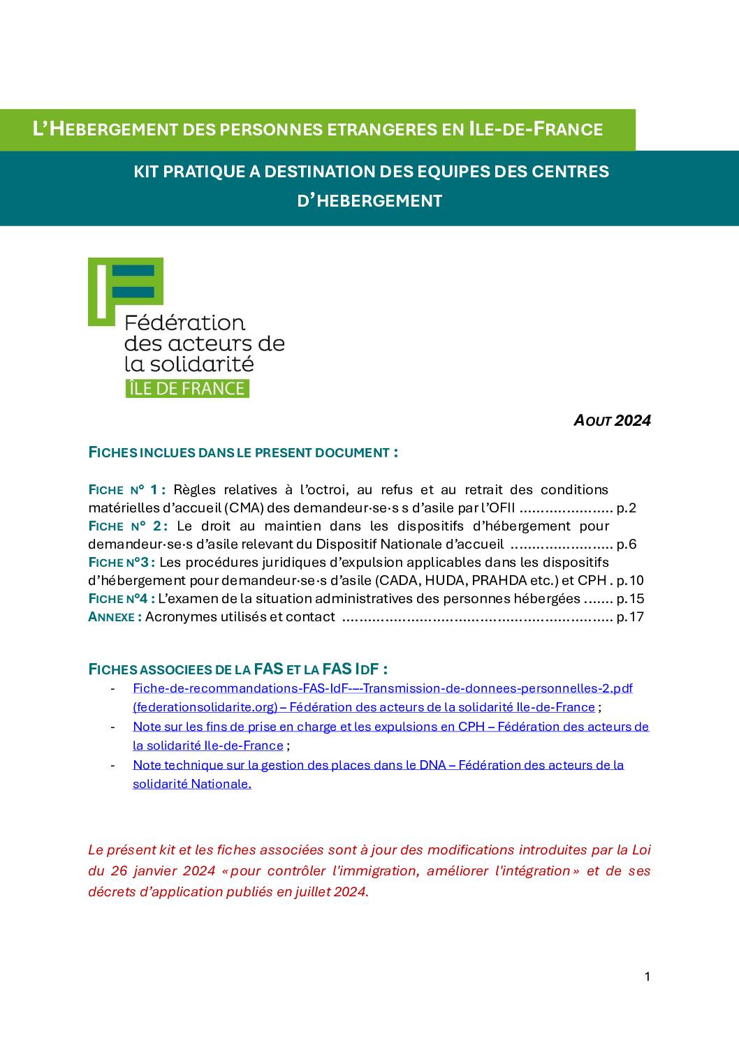 L’hébergement des personnes étrangères en Ile-de-France _ Kit pratique à destination des équipes des centres d'hébergement