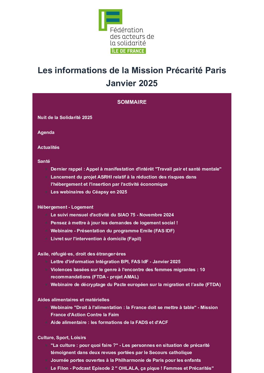 Les infos Mission Précarité Paris - Janvier 2025