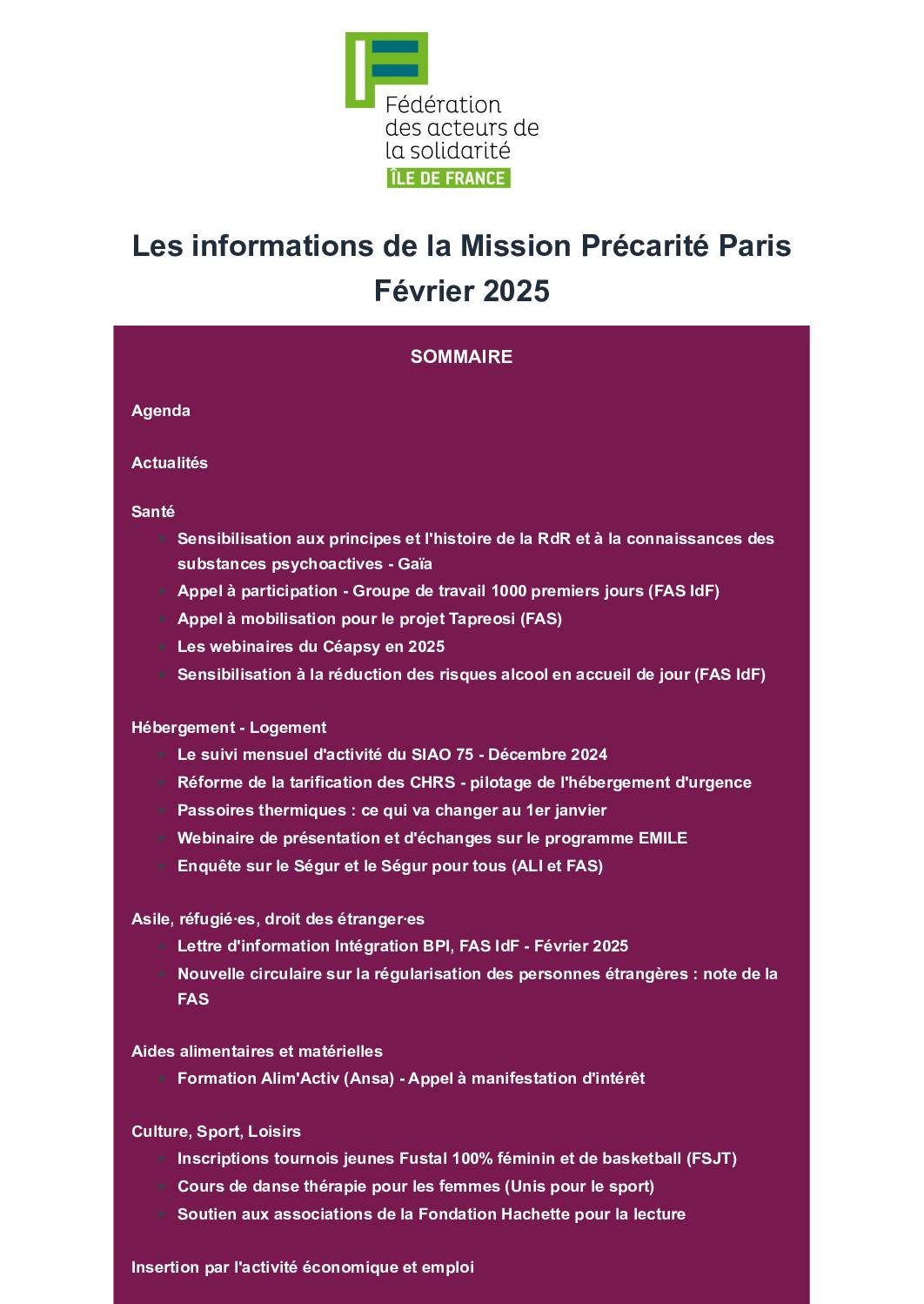 Les infos de la mission précarité Paris février 2025