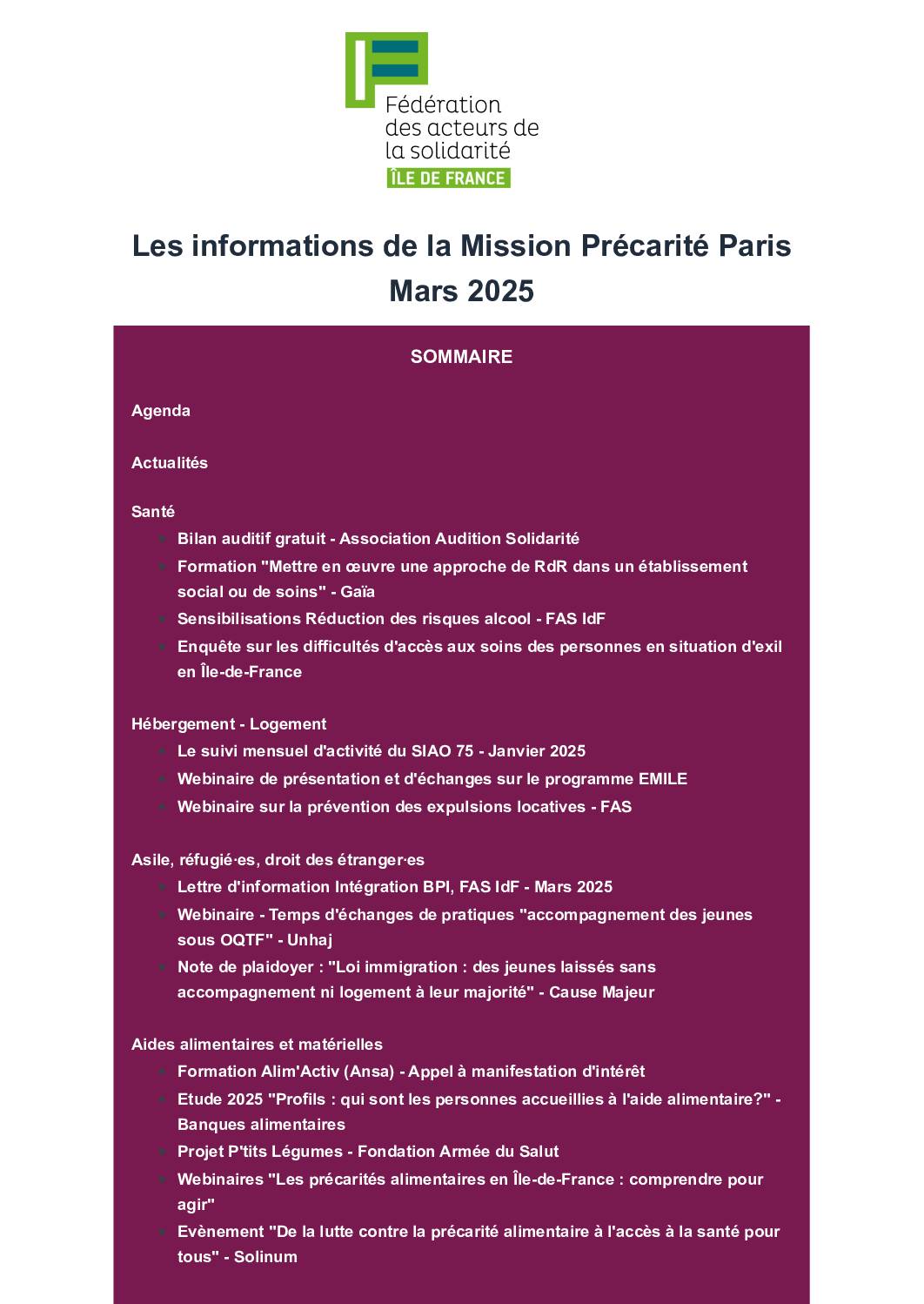 Les infos de la mission Précarité Paris mars 2025